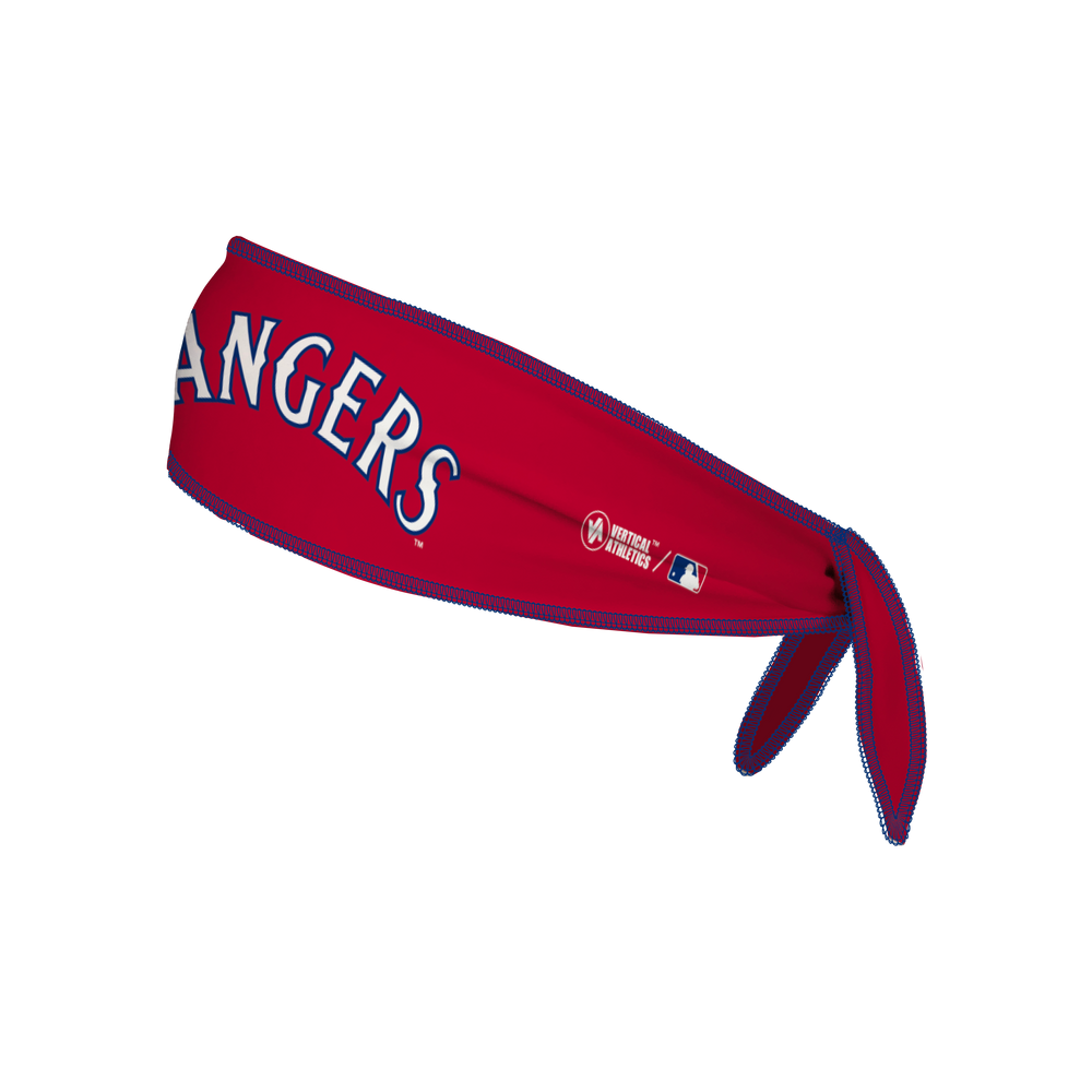 Side view of MLB Texas Rangers red Tie-Back Cooling Headband with Coop Wordmark Logo. Made in USA, Vertical Athletics brand.  