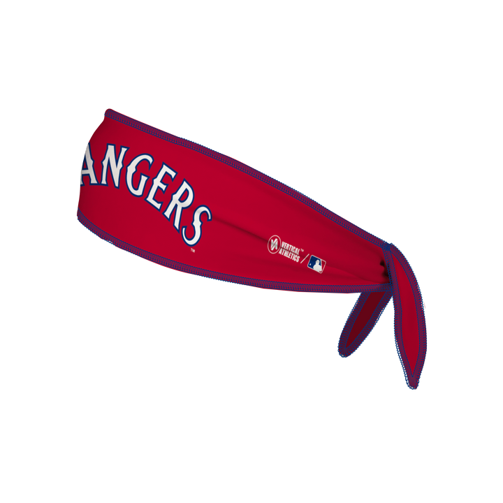 Side view of MLB Texas Rangers red Tie-Back Cooling Headband with Coop Wordmark Logo. Made in USA, Vertical Athletics brand.  