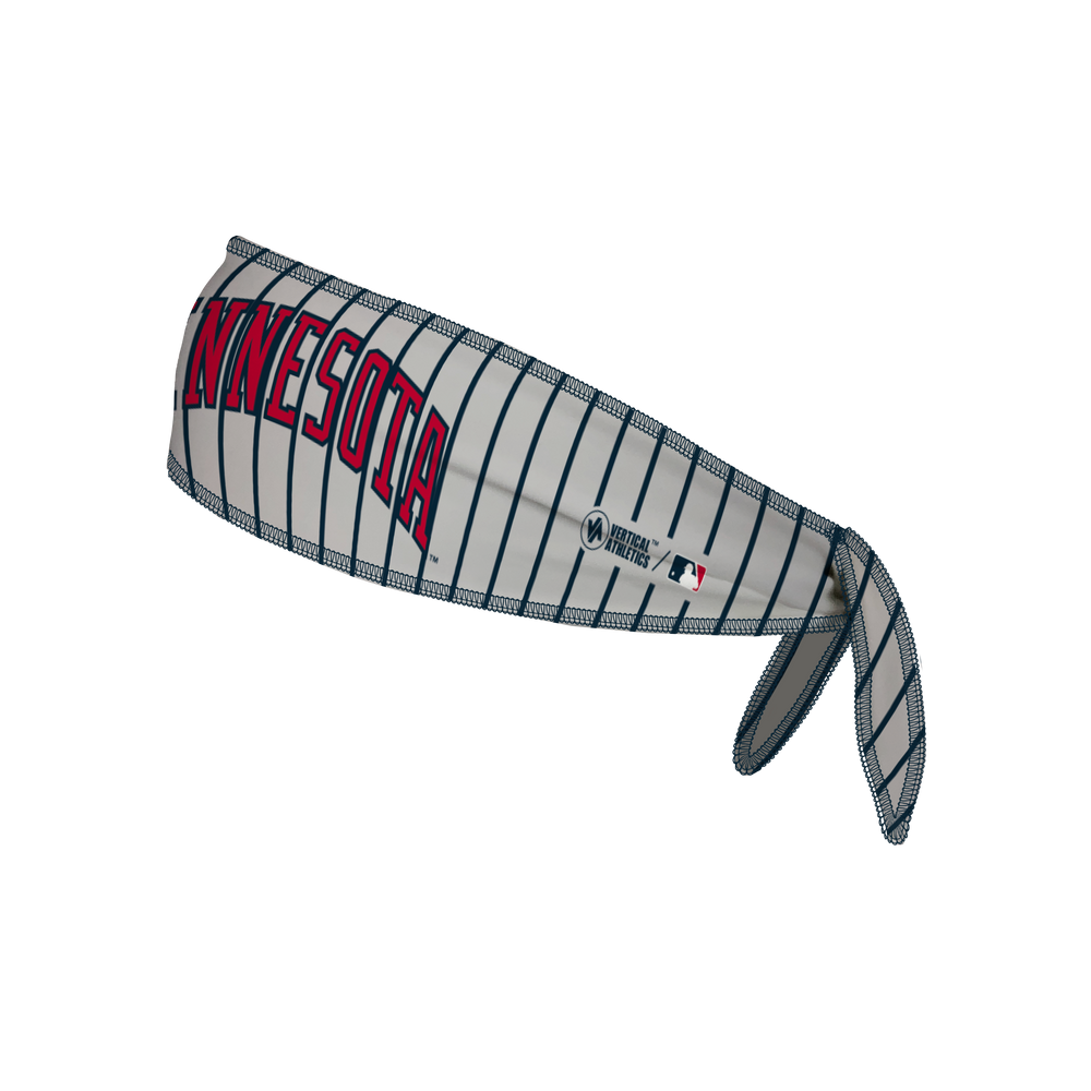 Side view of MLB Minnesota Twins pinstripe Tie-Back Cooling Headband with coop wordmark logo . Made in USA, Vertical  Athletics brand.   