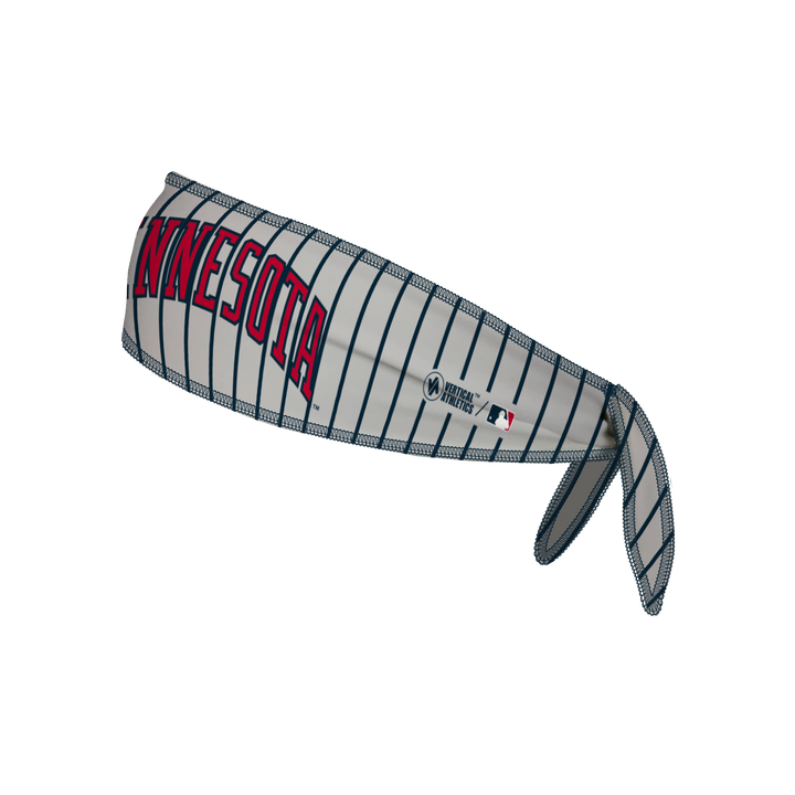 Side view of MLB Minnesota Twins pinstripe Tie-Back Cooling Headband with coop wordmark logo . Made in USA, Vertical  Athletics brand.   