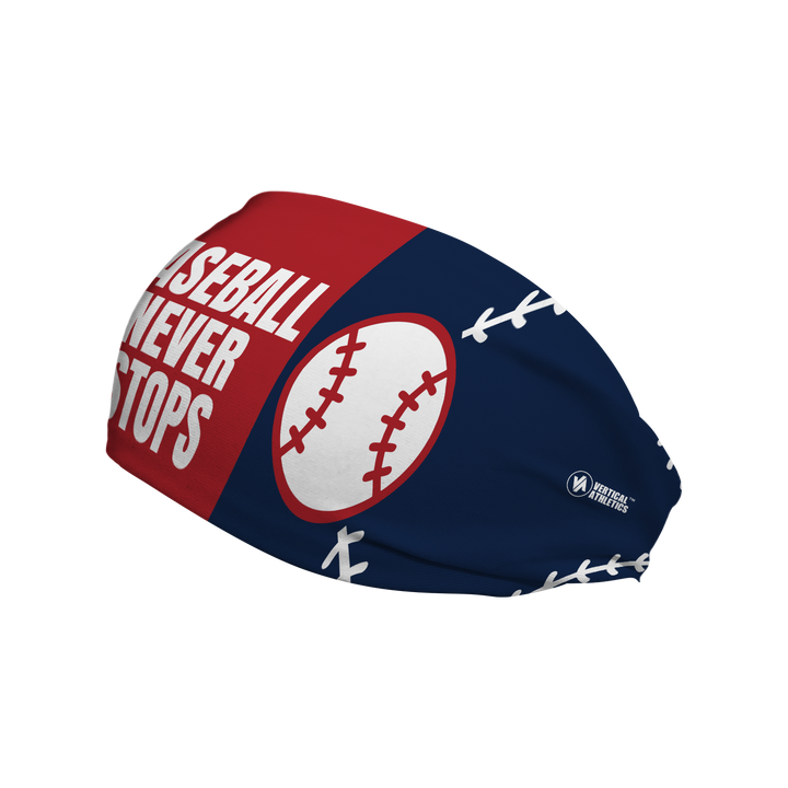 Custom "Baseball Never Stops" cooling headband. Made in the USA, Vertical Athletics brand.