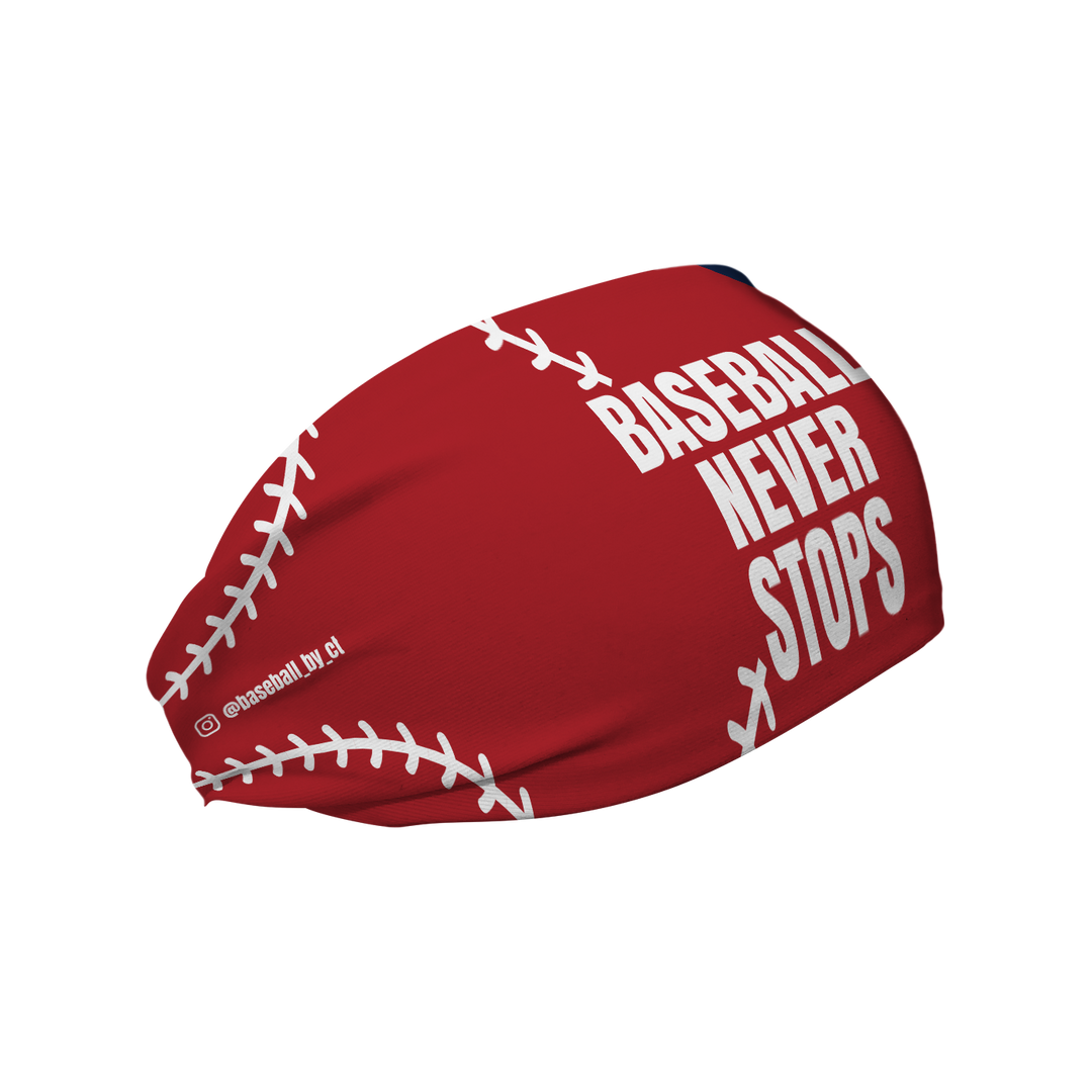 Custom "Baseball Never Stops" cooling headband. Made in the USA, Vertical Athletics brand.