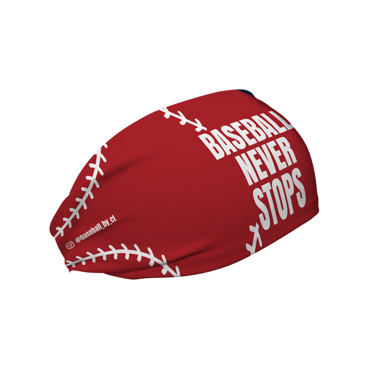 Custom "Baseball Never Stops" cooling headband. Made in the USA, Vertical Athletics brand.