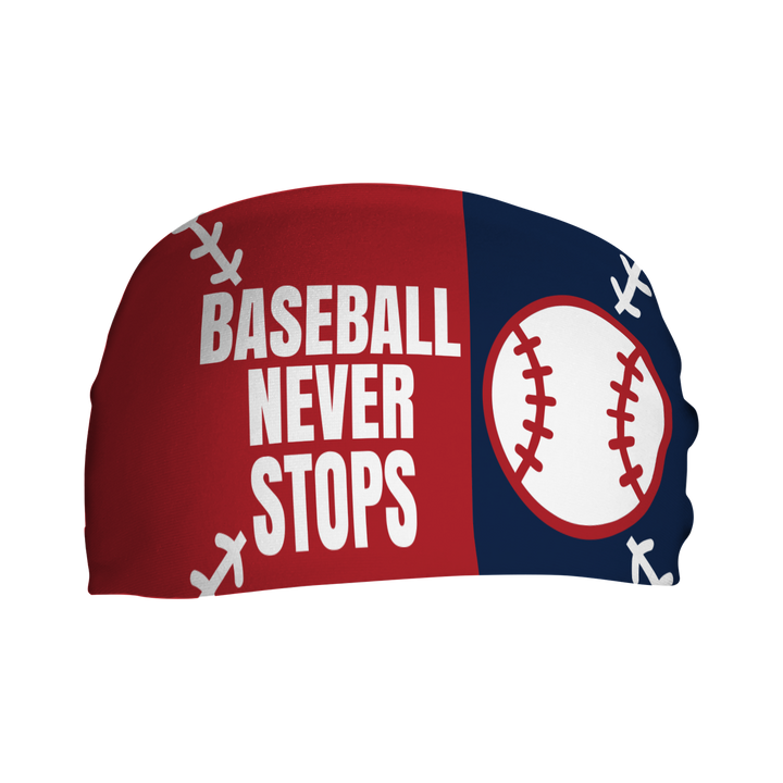 Custom "Baseball Never Stops" cooling headband. Made in the USA, Vertical Athletics brand.