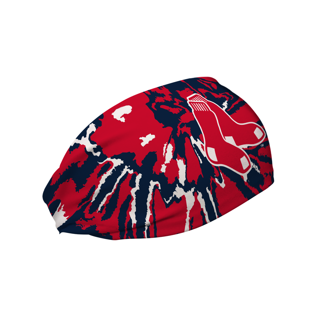 Side view of MLB Boston Red Sox, Team Tie-Dye headband with sock logo. Made in USA, Vertical Athletics brand.