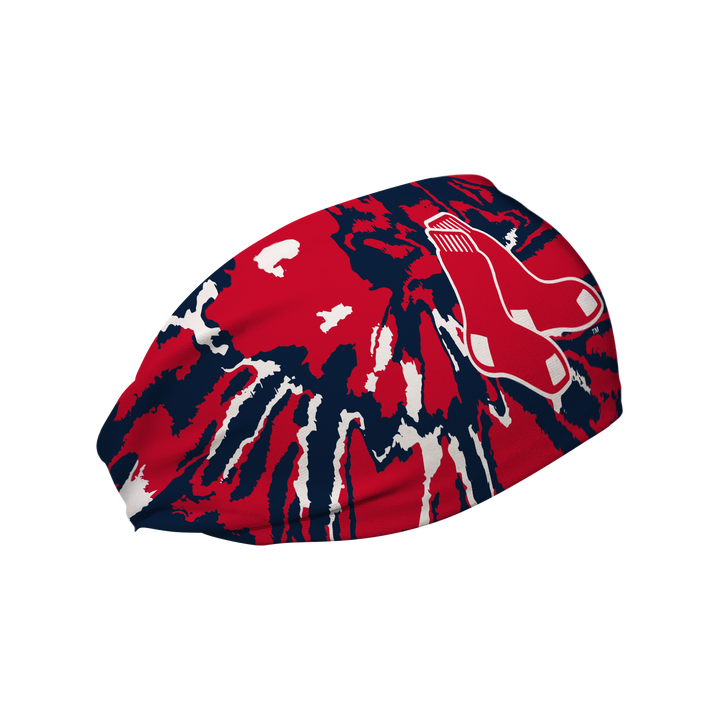 Side view of MLB Boston Red Sox, Team Tie-Dye headband with sock logo. Made in USA, Vertical Athletics brand.