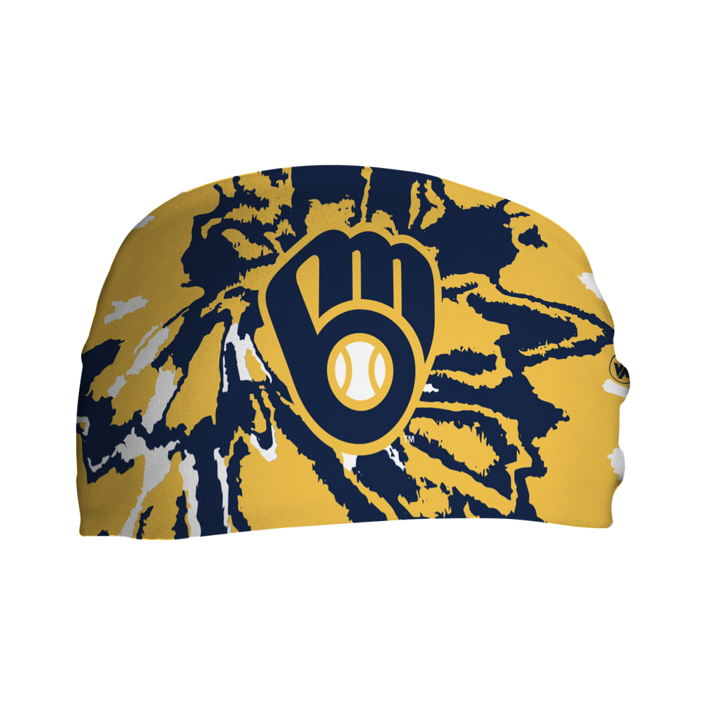 Front view of MLB Milwaukee Brewers Tie-Dye headband with cap logo. Made in USA, Vertical Athletics brand.  