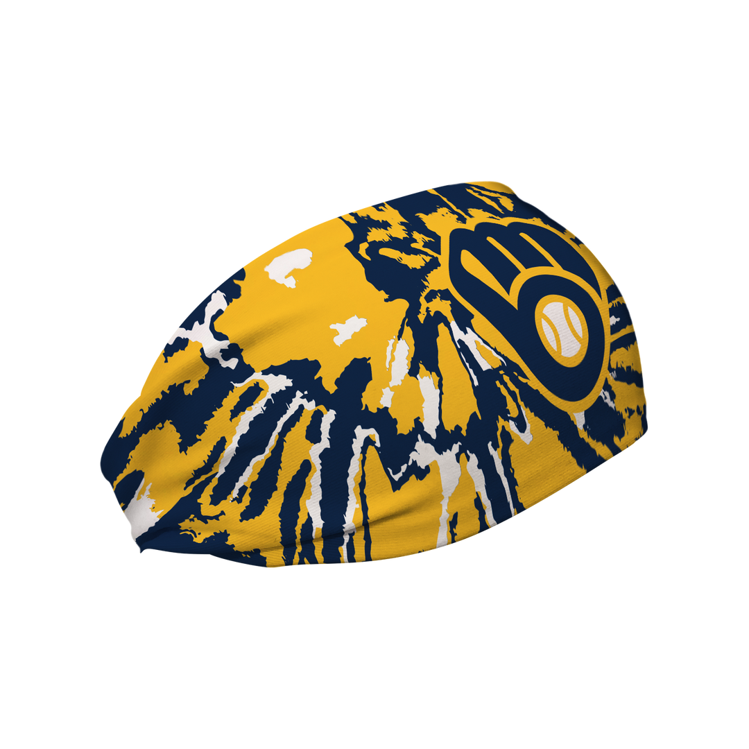 Side view of MLB Milwaukee Brewers Tie-Dye headband with cap logo. Made in USA, Vertical Athletics brand.  