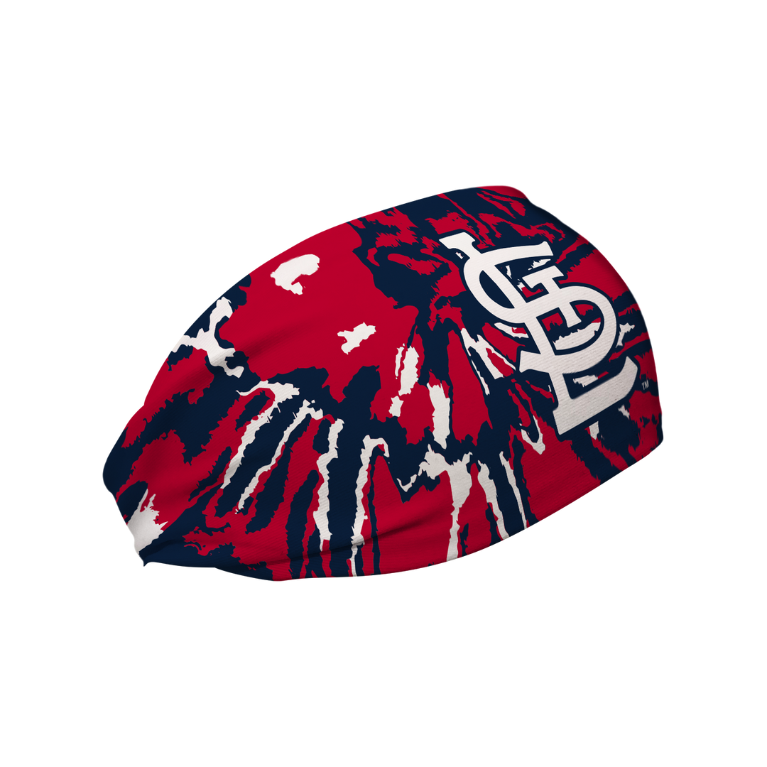 Side view of MLB St. Louis Cardinals tie-dye headband with cap logo. Made in USA, Vertical Athletics brand. 