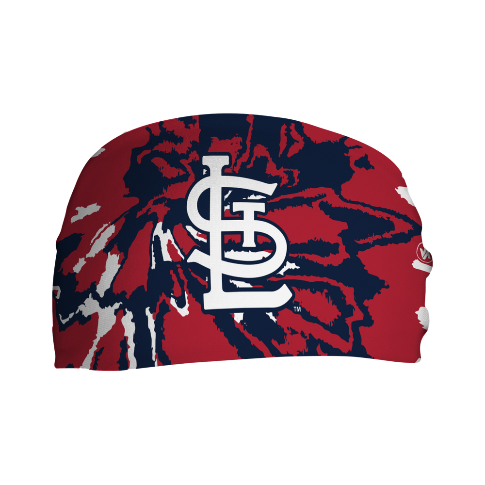 Front view of MLB St. Louis Cardinals tie-dye headband with cap logo. Made in USA, Vertical Athletics brand.  