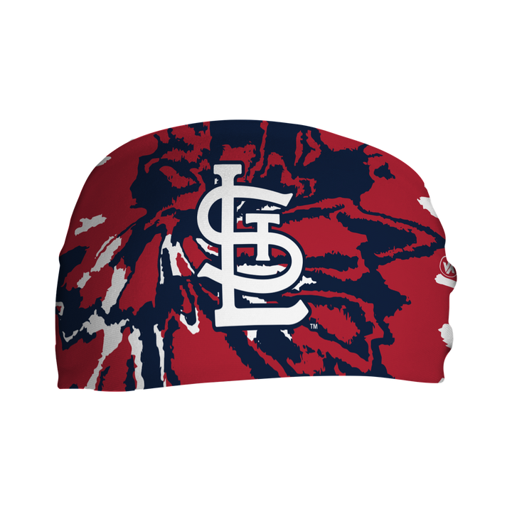 Front view of MLB St. Louis Cardinals tie-dye headband with cap logo. Made in USA, Vertical Athletics brand.  