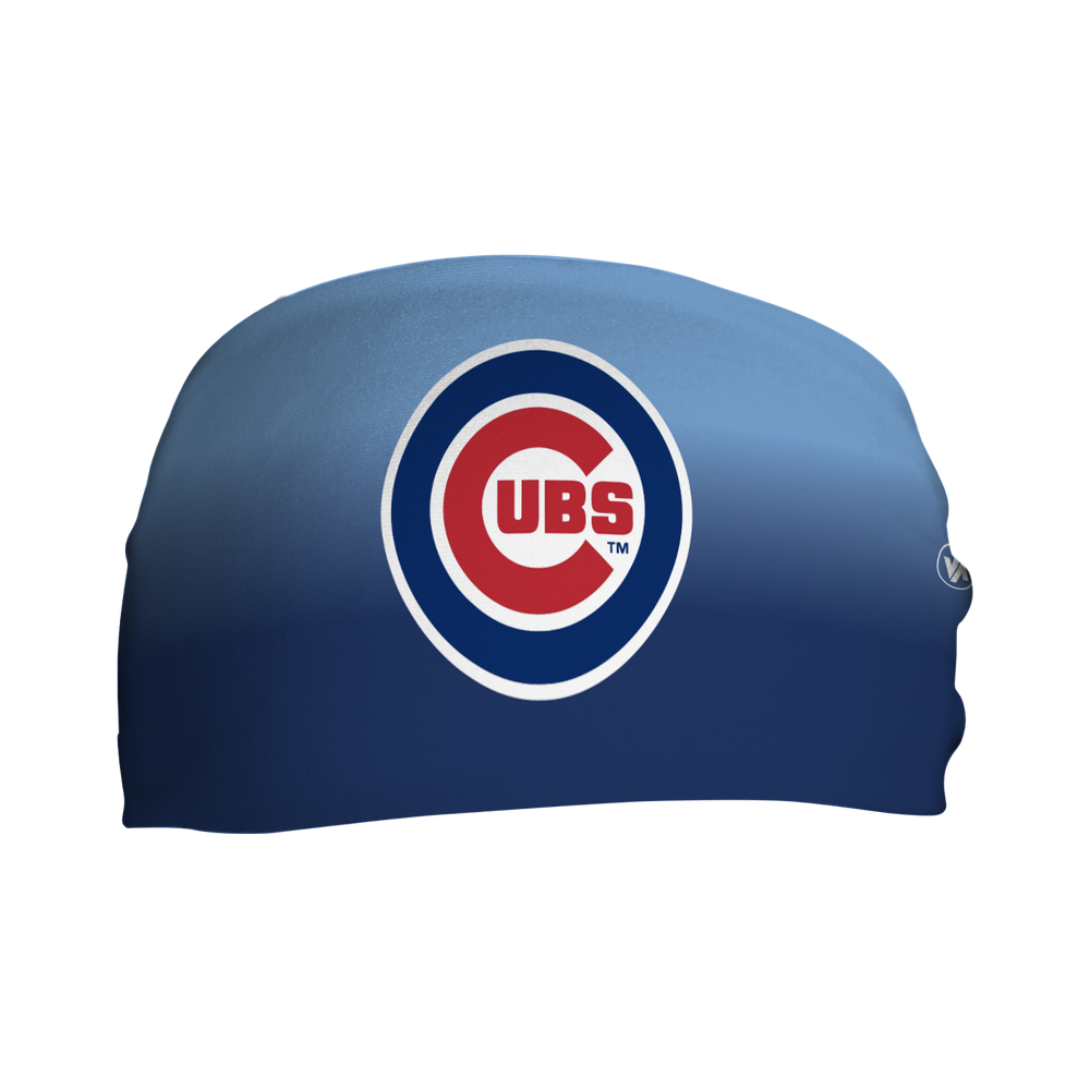 Front view of MLB Chicago Cubs ombre fade headband with cap logo. Made in USA, Vertical Athletics brand. 
