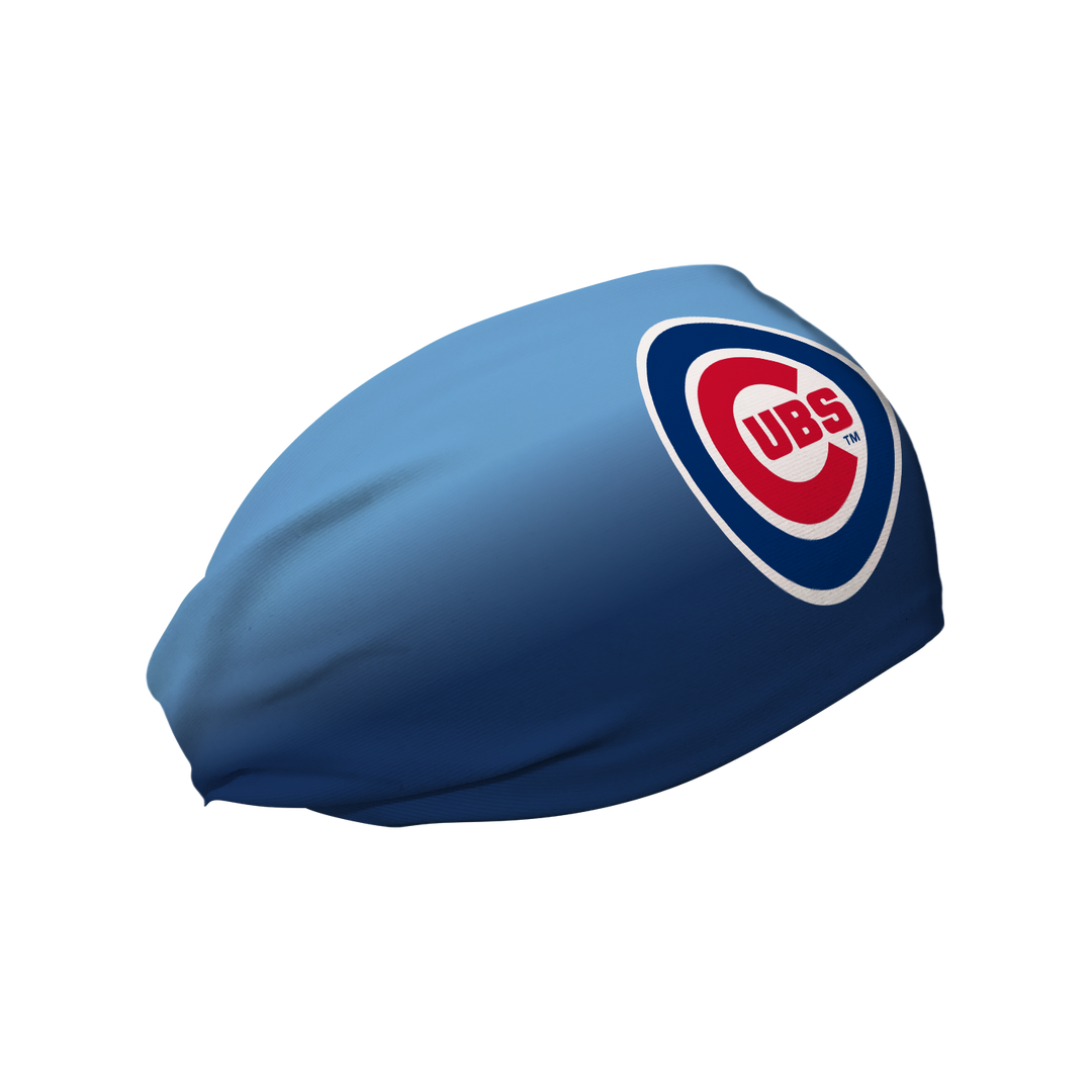 Side view of MLB Chicago Cubs ombre fade headband with cap logo. Made in USA, Vertical Athletics brand.