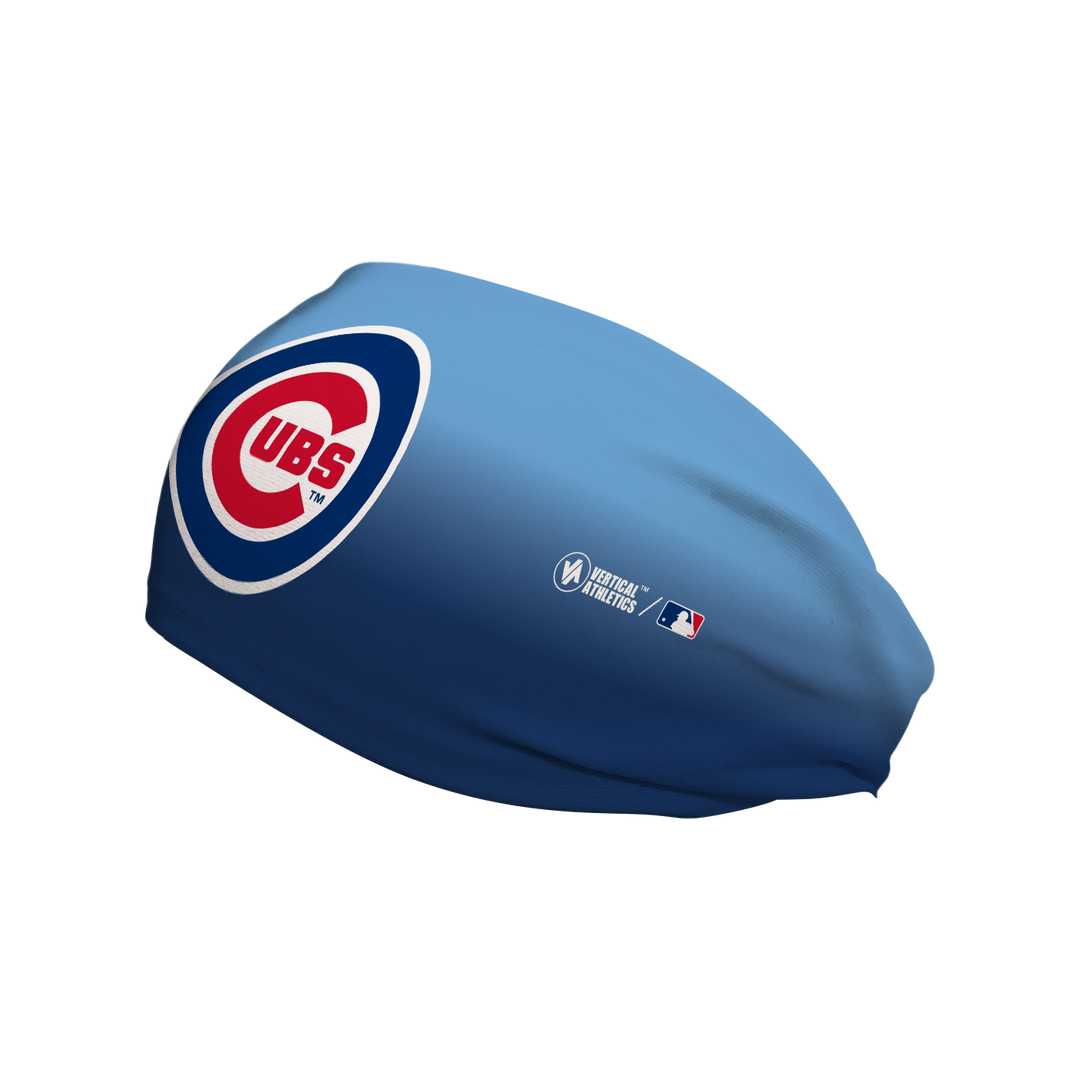 Side view of MLB Chicago Cubs ombre fade headband with cap logo. Made in USA, Vertical Athletics brand. 