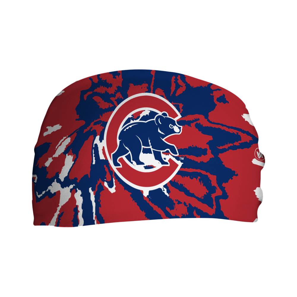 Front view of MLB Chicago Cubs Tie Dye headband with cap logo. Made in USA, Vertical Athletics brand. 