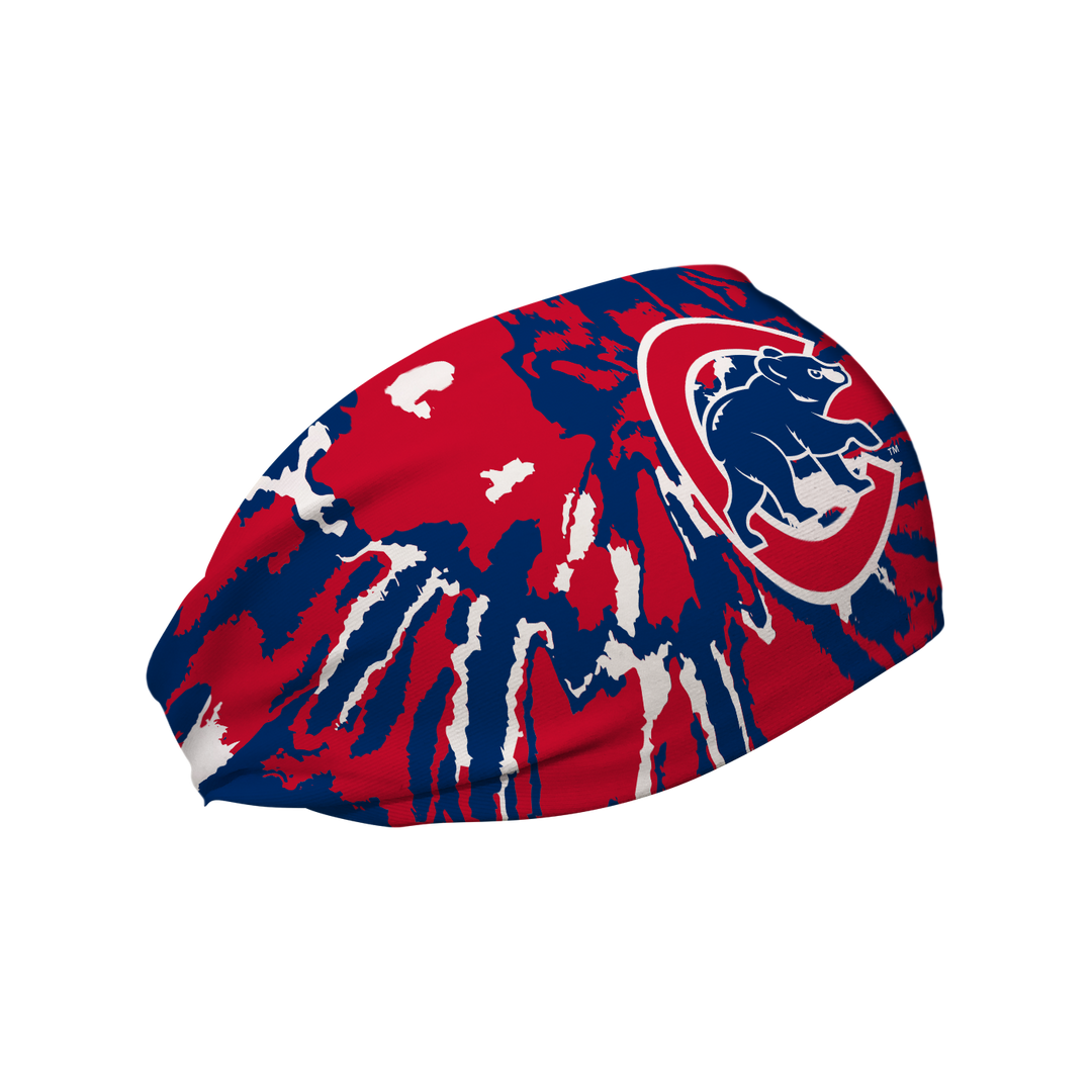 Side view of MLB Chicago Cubs Tie Dye headband with cap logo. Made in USA, Vertical Athletics brand. 