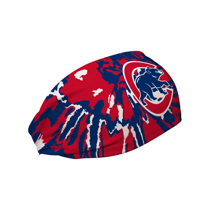 Side view of MLB Chicago Cubs Tie Dye headband with cap logo. Made in USA, Vertical Athletics brand. 