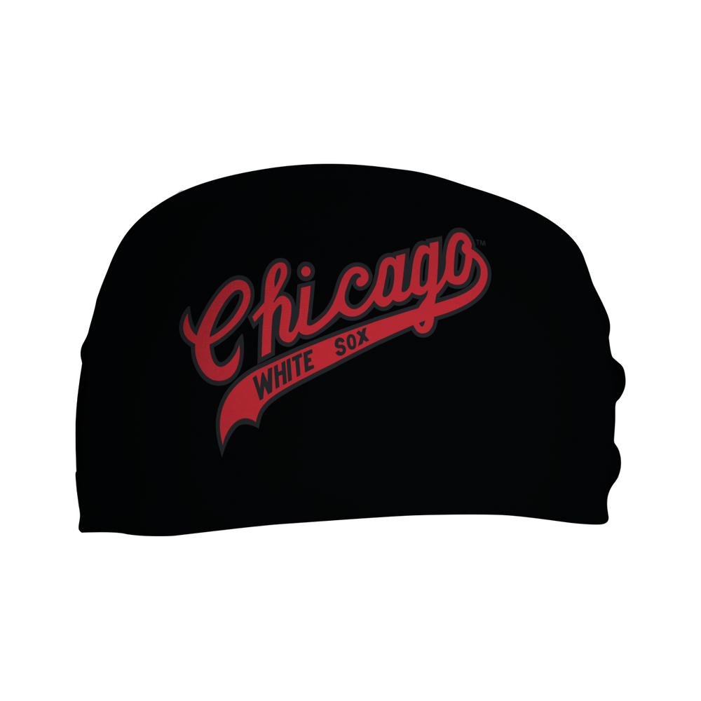 Front view of MLB Chicago White Sox Blackout headband with coop logo. Made in USA, Vertical  Athletics brand.  