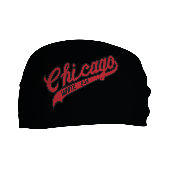 Front view of MLB Chicago White Sox Blackout headband with coop logo. Made in USA, Vertical  Athletics brand.  
