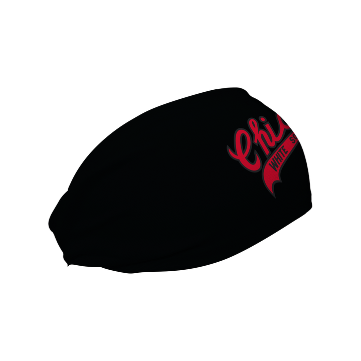 Side view of MLB Chicago White Sox Blackout headband with coop logo. Made in USA, Vertical  Athletics brand. 