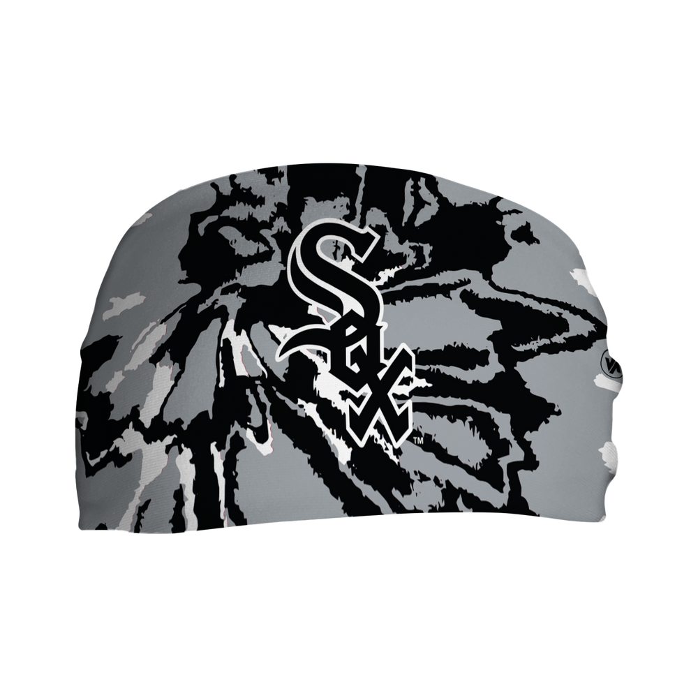 Side view of MLB Chicago White Sox Tie-Dye headband with cap logo. Made in USA, Vertical Athletics brand. 
