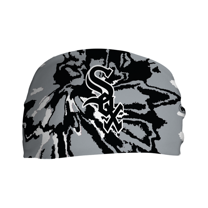 Side view of MLB Chicago White Sox Tie-Dye headband with cap logo. Made in USA, Vertical Athletics brand. 