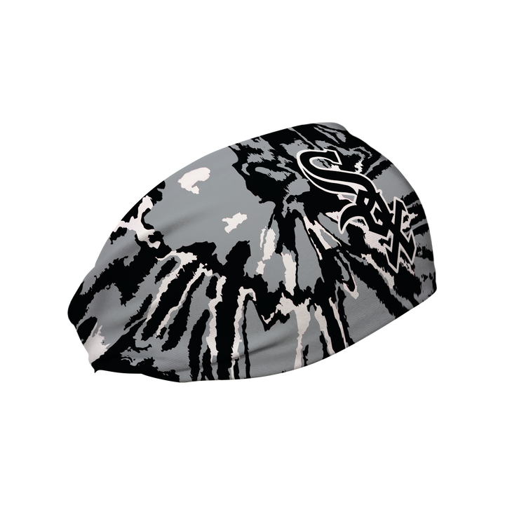Side view of MLB Chicago White Sox Tie-Dye headband with cap logo. Made in USA, Vertical Athletics brand. 