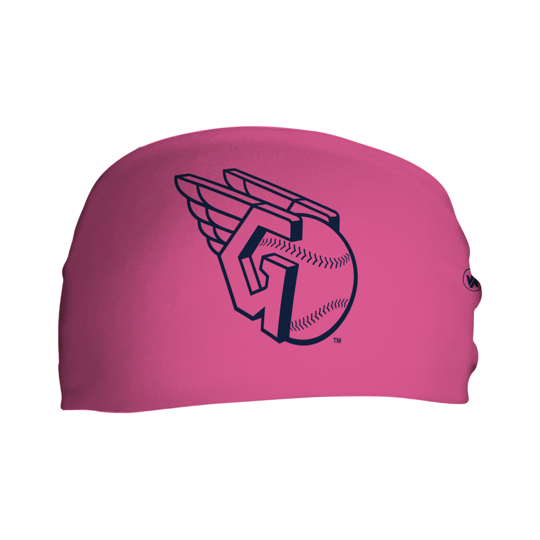 Front view of MLB Cleveland Indians Pink headband with Cap logo. Made in USA, Vertical Athletics brand. 