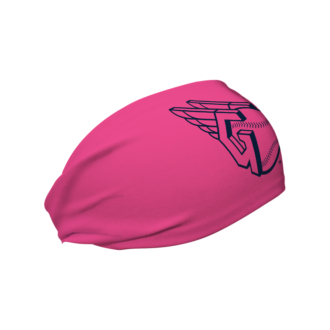 Side view of MLB Cleveland Indians Pink headband with Cap logo. Made in USA, Vertical Athletics brand. 