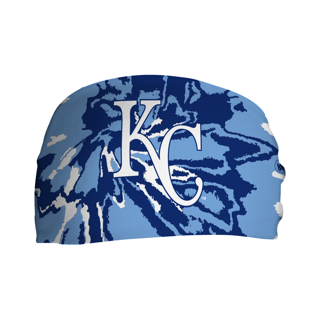 Front view of Kansas City Tie-Dye headband with Cap Logo. Made in USA, Vertical Athletics brand. 