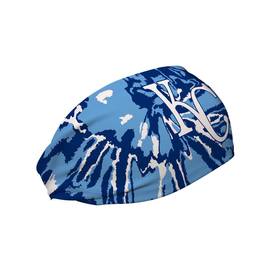 Side view of Kansas City Tie-Dye headband with Cap Logo. Made in USA, Vertical Athletics brand.  