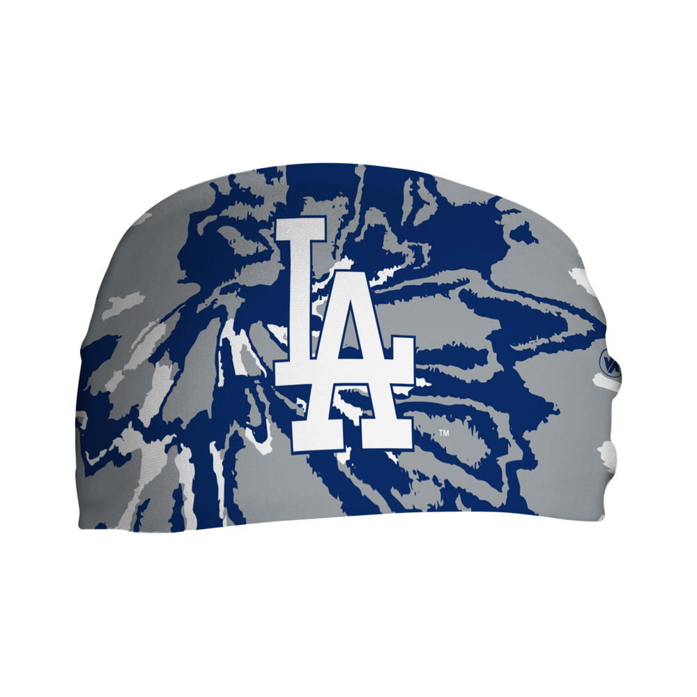 Front view of MLB Los Angeles Dodgers Tie-Dye headband with cap logo. Made in USA, Vertical Athletics brand. 