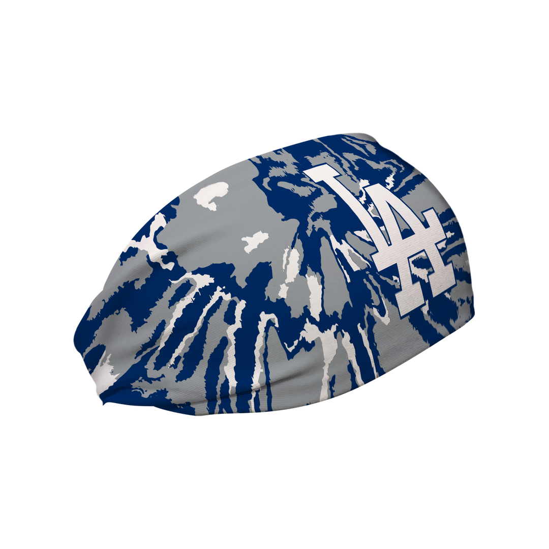 Side view of MLB Los Angeles Dodgers Tie-Dye headband with cap logo. Made in USA, Vertical Athletics brand. 