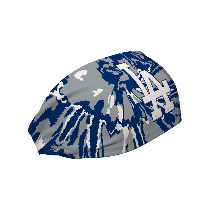Side view of MLB Los Angeles Dodgers Tie-Dye headband with cap logo. Made in USA, Vertical Athletics brand. 