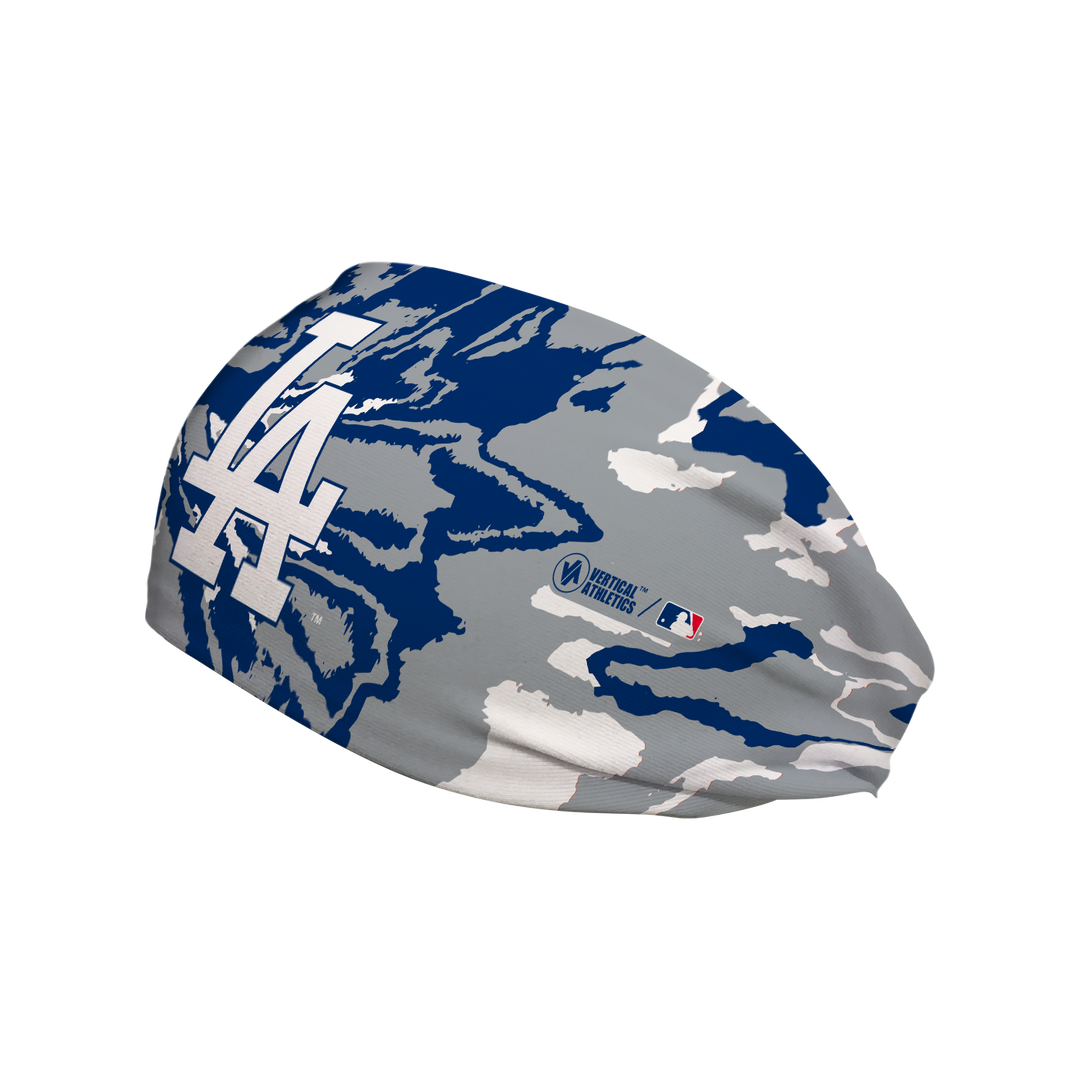 Side view of MLB Los Angeles Dodgers Tie-Dye headband with cap logo. Made in USA, Vertical Athletics brand. 