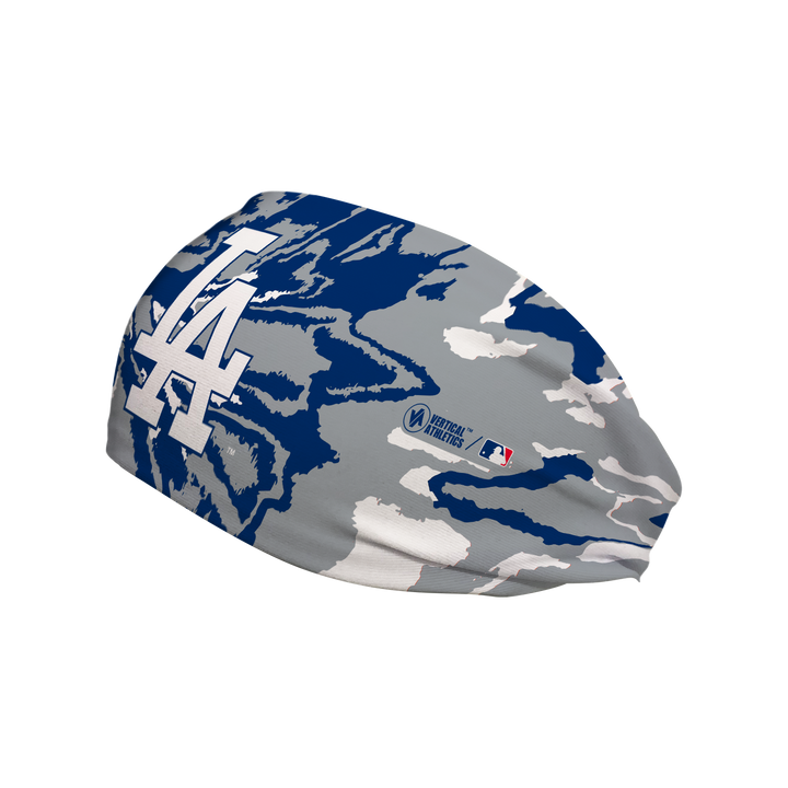 Side view of MLB Los Angeles Dodgers Tie-Dye headband with cap logo. Made in USA, Vertical Athletics brand. 