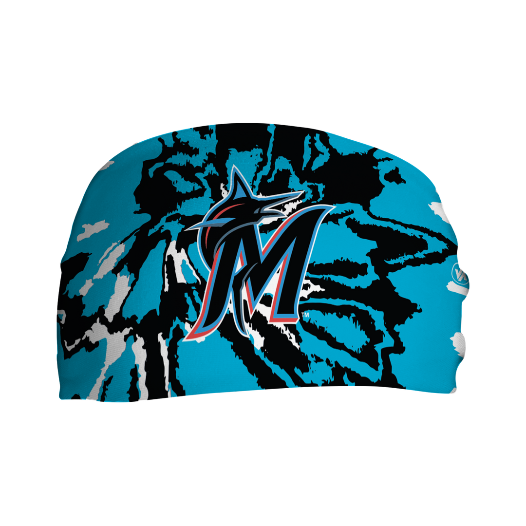 Front view of MLB Miami Marlins Tie-Dye headband with Cap logo. Made in USA, Vertical Athletics brand.  