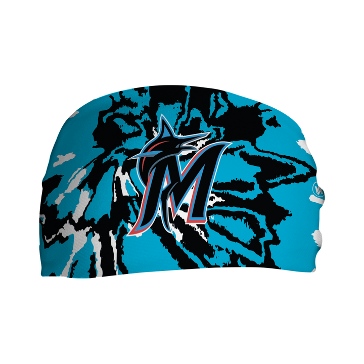 Front view of MLB Miami Marlins Tie-Dye headband with Cap logo. Made in USA, Vertical Athletics brand.  