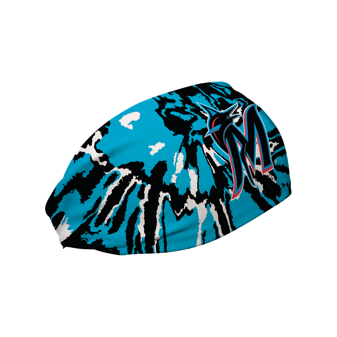 Side view of MLB Miami Marlins Tie-Dye headband with Cap logo. Made in USA, Vertical Athletics brand.  