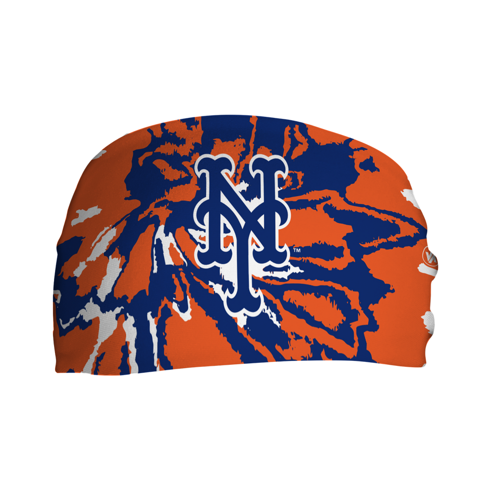 Front view of MLB New York Mets Tie-Dye headband with cap logo. Made in USA, Vertical Athletics brand.  