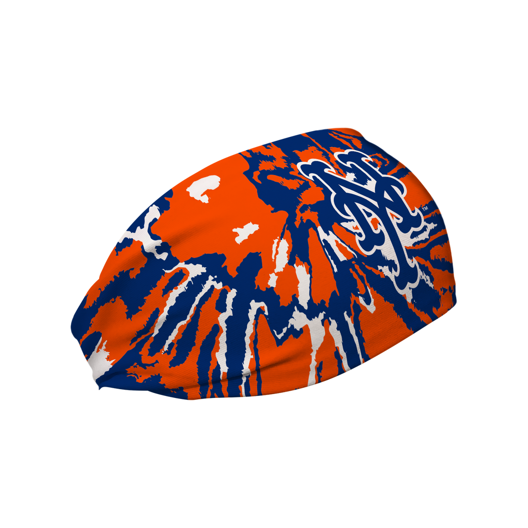 Side view of MLB New York Mets Tie-Dye headband with cap logo. Made in USA, Vertical Athletics brand.  