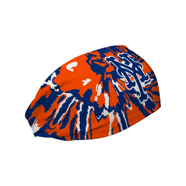 Side view of MLB New York Mets Tie-Dye headband with cap logo. Made in USA, Vertical Athletics brand.  