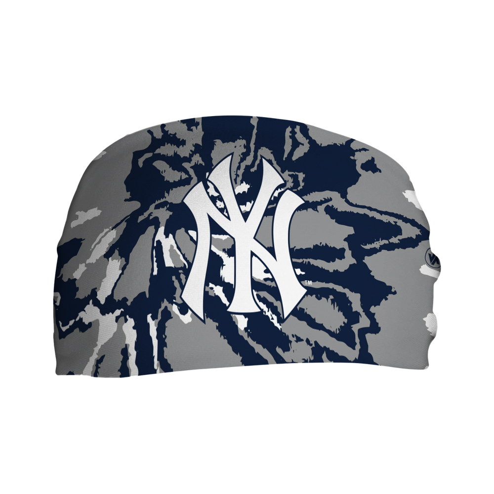 Front view of MLB New York Yankees Tie-Dye headband with Cap logo. Made in USA, Vertical Athletics brand.