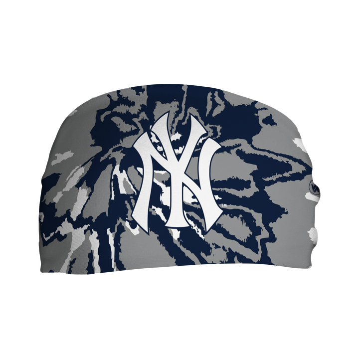 Front view of MLB New York Yankees Tie-Dye headband with Cap logo. Made in USA, Vertical Athletics brand.