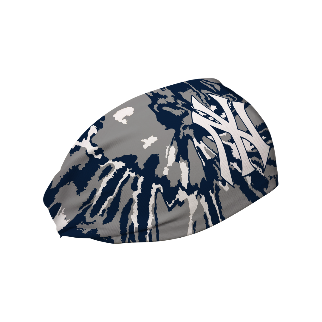 Side view of MLB New York Yankees Tie-Dye headband with Cap logo. Made in USA, Vertical Athletics brand.  