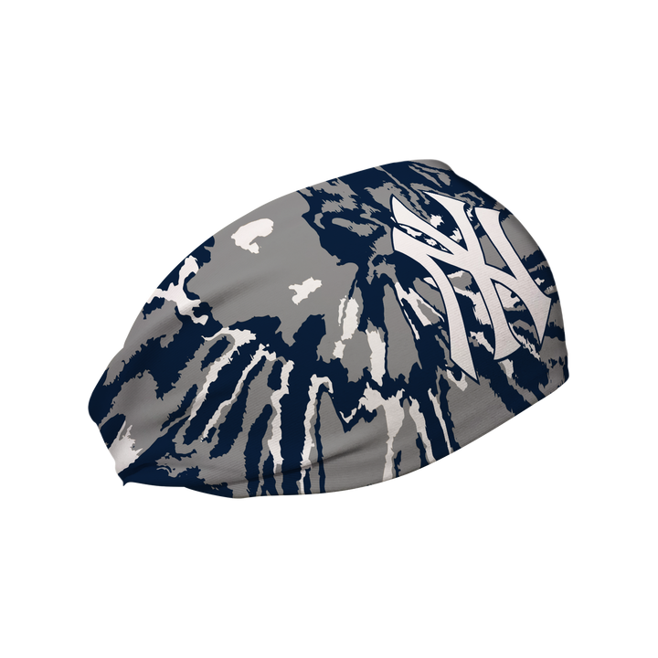 Side view of MLB New York Yankees Tie-Dye headband with Cap logo. Made in USA, Vertical Athletics brand.  