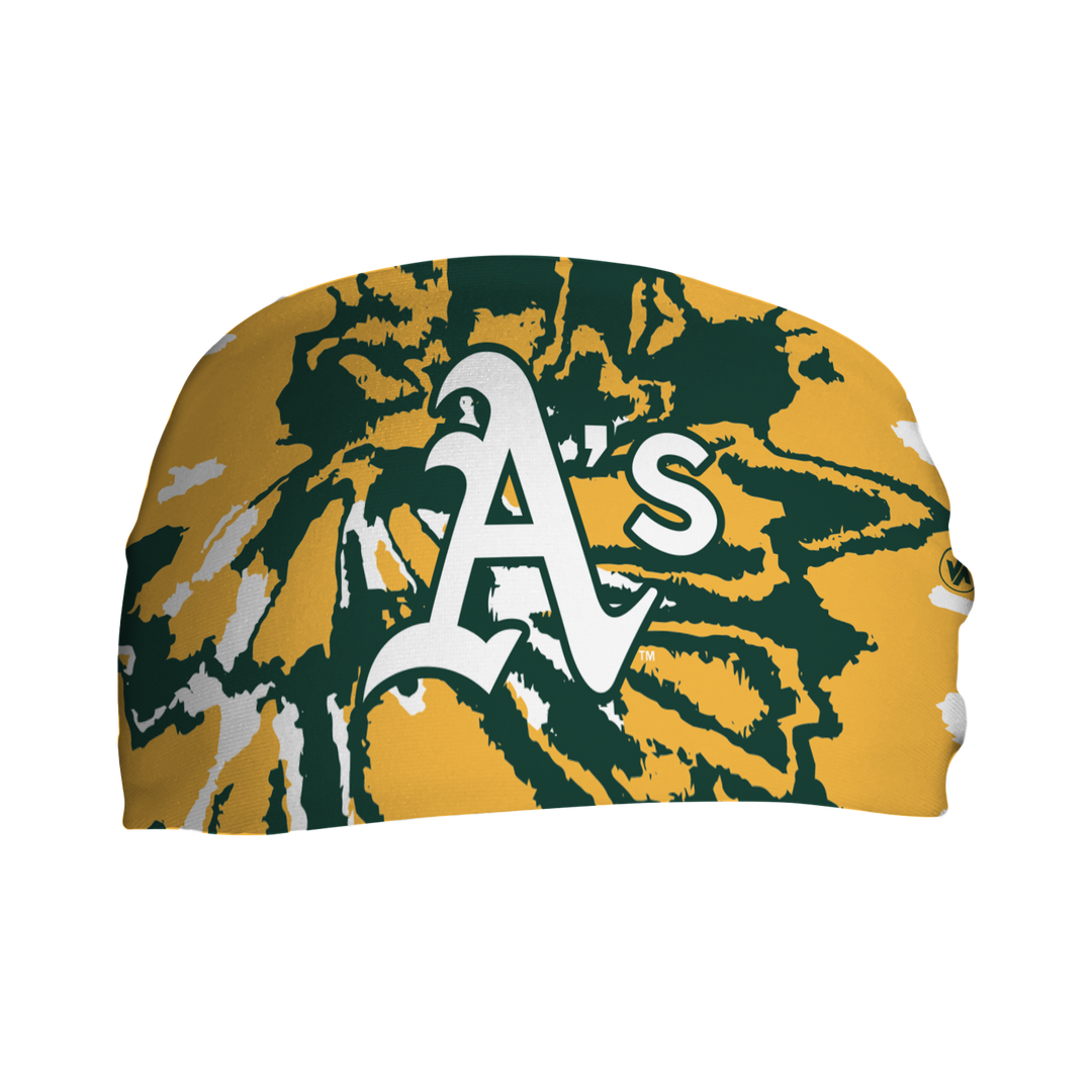 Front view of MLB Athletics Tie-Dye cooling headband with cap logo. Made in USA, Vertical Athletics brand. 