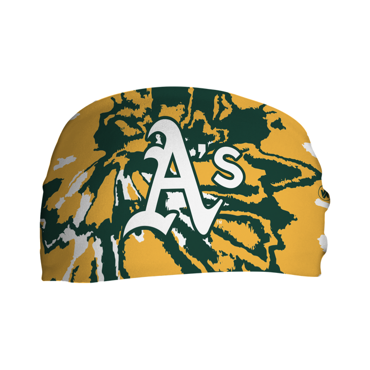 Front view of MLB Athletics Tie-Dye cooling headband with cap logo. Made in USA, Vertical Athletics brand. 