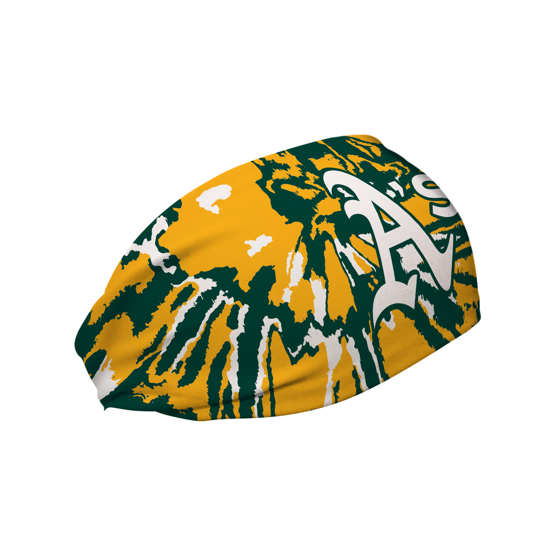 Side view of MLB Athletics Tie-Dye cooling headband with cap logo. Made in USA, Vertical Athletics brand.  