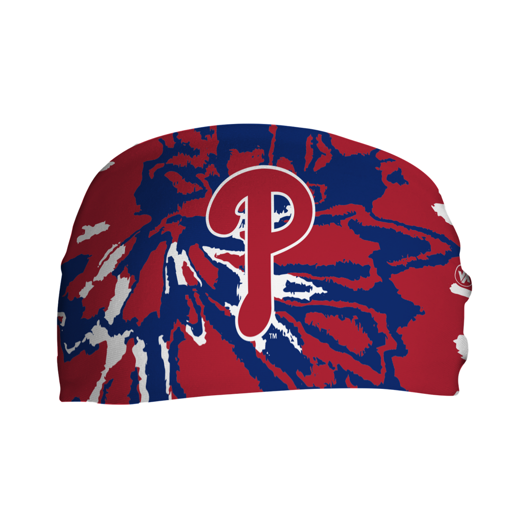 Front view of  MLB Philadelphia Phillies tie-dye headband with alt cap logo. Made in USA, Vertical Athletics brand.  
